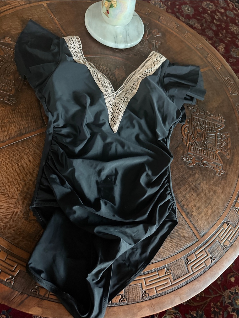 Black V-Neck Lace-Trim swimsuit